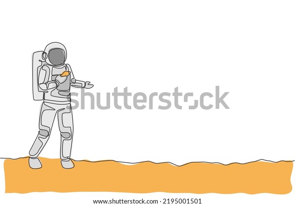 Single continuous line drawing astronaut in\
moon surface texting his partner using smartphone. Business office\
with galaxy outer space concept. Trendy one line draw design vector\
graphic illustration
