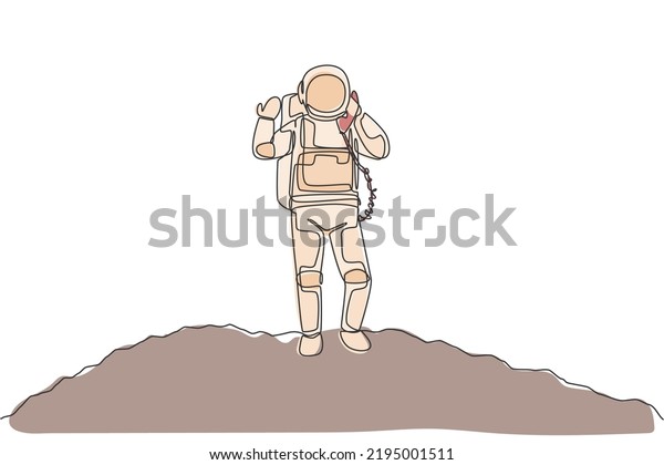 Single continuous line drawing of astronaut\
in moon surface calling with phone satellite. Business office with\
galaxy outer space concept. Trendy one line draw graphic design\
vector illustration