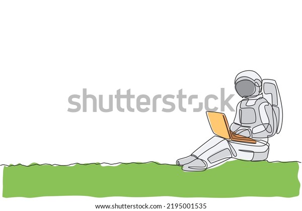 Single continuous line drawing of astronaut\
sitting in moon surface while typing on laptop computer. Business\
office with galaxy outer space concept. Trendy one line draw design\
vector illustration