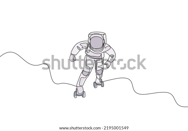 Single continuous line drawing of astronaut\
exercising on roller skates on moon surface, deep space. Space\
astronomy galaxy sport concept. Trendy one line draw graphic design\
vector illustration