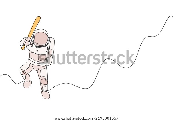 Single continuous line\
drawing of astronaut playing baseball on moon surface. Space\
astronomy galaxy sport concept. Trendy one line draw graphic design\
vector illustration