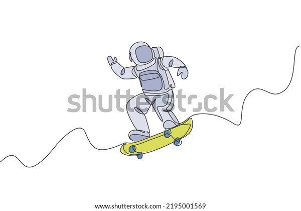 Single continuous line drawing of astronaut\
riding skateboard on moon surface, outer deep space. Space\
astronomy galaxy sport concept. Trendy one line draw design vector\
illustration graphic
