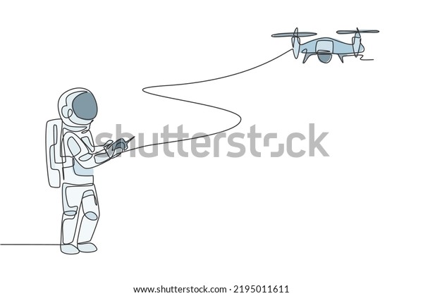 Single continuous line drawing astronaut
playing drone plane radio control in moon surface. Having fun in
leisure time on outer space concept. Trendy one line graphic draw
design vector
illustration