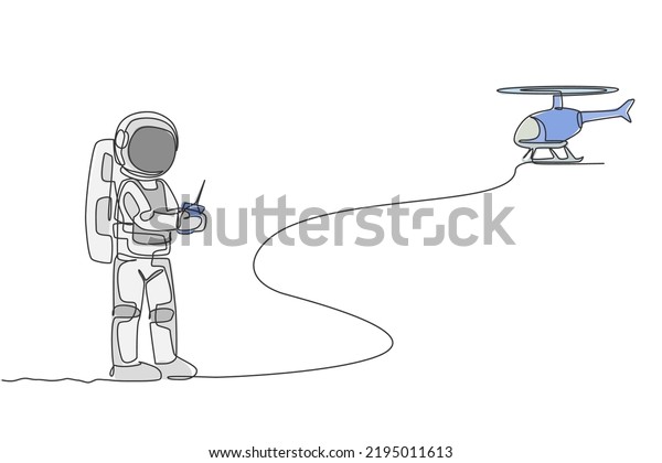 Single continuous line drawing of astronaut\
playing helicopter radio control in moon surface. Having fun in\
leisure time on outer space concept. Trendy one line draw design\
vector illustration\
graphic