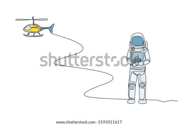 Single continuous line drawing of astronaut\
playing helicopter radio control in moon surface. Having fun in\
leisure time on outer space concept. Trendy one line draw design\
vector graphic\
illustration