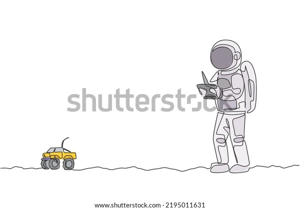 Single continuous line drawing astronaut\
playing monster truck radio control in moon surface. Having fun in\
leisure time on outer space concept. Trendy one line draw graphic\
design vector\
illustration