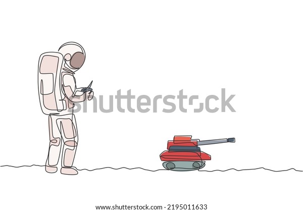 Single continuous line drawing of astronaut\
playing metal war tank radio control in moon surface. Having fun in\
leisure time on outer space concept. Trendy one line draw design\
vector illustration