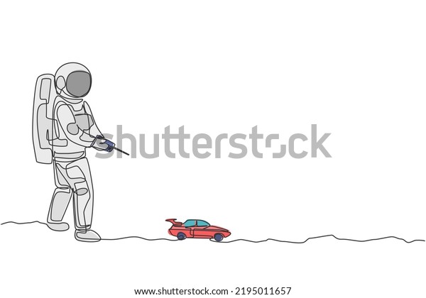 Single continuous line drawing of astronaut\
playing sedan car radio control in moon surface. Having fun in\
leisure time on outer space concept. Trendy one line draw design\
graphic vector\
illustration