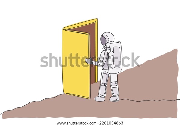 Single continuous line drawing of astronaut
entering open door gate into new dimension in moon surface.
Cosmonaut outer space concept. Trendy one line draw design vector
illustration graphic