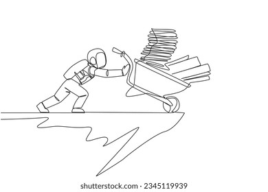 Single continuous line drawing Astronauts push wheelbarrow filled with stacks of paper and binders over the edge of cliff. The concept of tough man in outer space. One line design vector illustration