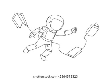 Single continuous line drawing astronauts floating in space trying to pick up books. No gravity makes it float. Basic space knowledge. Space book festival concept. One line design vector illustration
