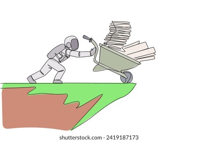 Single continuous line drawing Astronauts push wheelbarrow filled with stacks of paper and binders over the edge of cliff. The concept of tough man in outer space. One line design vector illustration