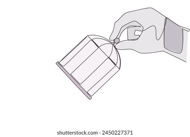 Single continuous line drawing astronaut's big hand lifts the birdcage. Usually used for trapping. Imprisoning animals and humans. A trap for corruptors. Spaceman. One line design vector illustration