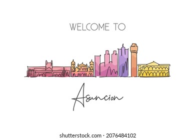 Single continuous line drawing of Asuncion city skyline, Paraguay. Famous city scraper and landscape. World travel destination concept. Editable stroke modern one line draw design vector illustration