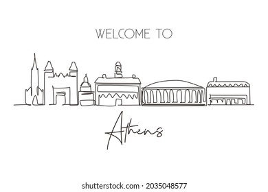 Single continuous line drawing Athens city skyline, Ohio. Famous city scraper landscape. World travel home wall decor art poster print concept. Dynamic one line draw graphic design vector illustration