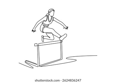 Um atleta de desenho de linha contínua saltando sobre o obstáculo durante o treinamento em pista de corrida no estádio atlético. Mulher corredora ultrapassando a barreira. Ilustração de vetor de design gráfico com desenho de uma linha
