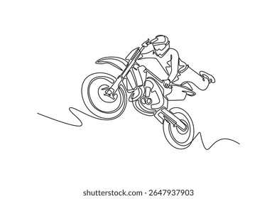 Um único atleta de desenho em linha contínua pilotando uma motocicleta extrema na competição de motocross freestyle, realizando acrobacias acrobáticas no ar. Ilustração de vetor de design gráfico de desenho dinâmico de uma linha