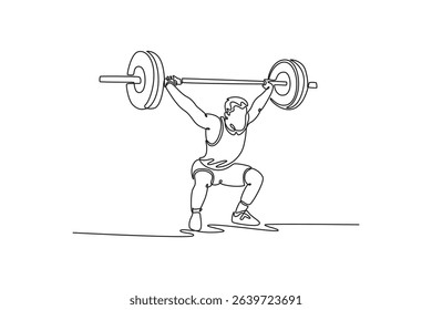 Single continuous line drawing athletic man training squats with barbell over head. Fitness, training, workout, vitality, performance, muscle strength. One line draw graphic design vector illustration