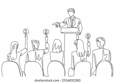 Single continuous line drawing the atmosphere of the room when the auction started. High enthusiasm encouraged the auction chairman. National Auctioneers Day. One line design vector illustration