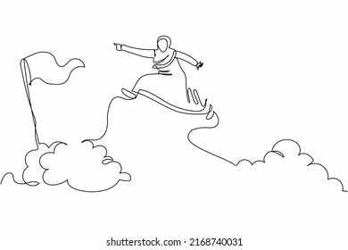 Una línea continua dibujando atractiva empresaria árabe salta y salta sobre las nubes para alcanzar la bandera del éxito del negocio. Desafiar la trayectoria profesional. ilustración vectorial de diseño gráfico de una línea