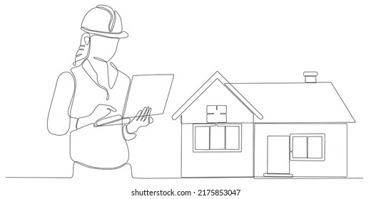 
Single continuous line drawing of attractive female architecture holding roll paper blueprint building sketch design. Home maintenance service concept one line drawing design illustration