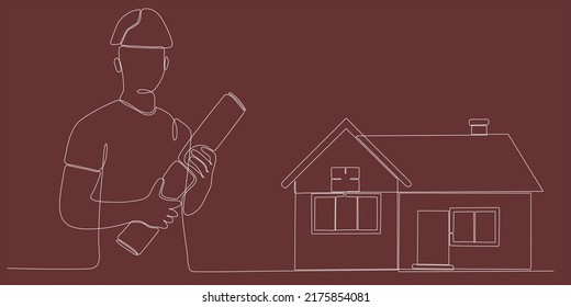 
Single continuous line drawing of attractive man architecture holding roll paper blueprint building sketch design. Home maintenance service concept one line drawing design illustration