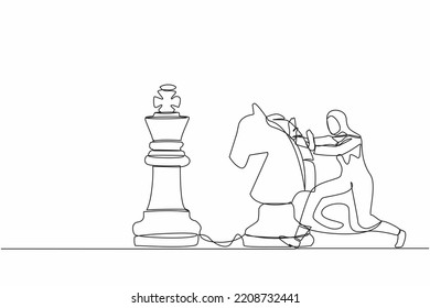 Single continuous line drawing attractive Arab businesswoman push huge horse chess piece to beat king. Strategic thinking and smart move in business play game. One line draw design vector illustration