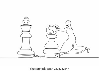Single continuous line drawing attractive Arabian businesswoman push huge pawn chess piece to beat king. Strategic thinking, smart move in business play game. One line draw design vector illustration
