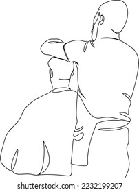 Single continuous line drawing attractive classy dressed barber shop hairdresser is turning client`s head to present his work for him. Hairdo looks trendy and so perfect. Dynamic one line draw graphic