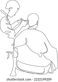 Single continuous line drawing attractive classy dressed barber shop hairdresser is turning client`s head to present his work for him. Hairdo looks trendy and so perfect. Dynamic one line draw graphic