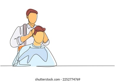 Single continuous line drawing attractive classy dressed barber shop hairdresser is turning client`s head to present his work for him. Hairdo looks trendy and so perfect. Dynamic one line draw graphic