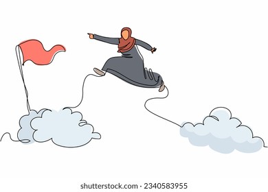 Single continuous line drawing attractive Arabian businesswoman jump and leap over clouds to reach success business target flag. Challenge career path. One line draw graphic design vector illustration