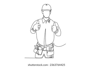 Single continuous line drawing attractive handsome handyman giving thumbs up finger gesture. Home renovation service and construction concept. Dynamic one line draw graphic design vector illustration