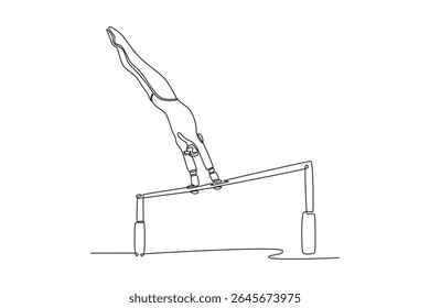 Linha contínua única desenho atraente ginasta feminina se apresentando em bares desiguais competição ginástica artística. Encaixe o atleta ginasta em roupas esportivas. Ilustração de vetor de design gráfico com desenho de uma linha