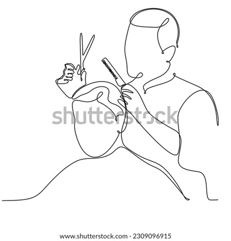 Single continuous line drawing attractive classy dressed barber shop hairdresser turning client's head to present his work for him. Hairdo looks trendy and so perfect. Dynamic one line drawing graphic