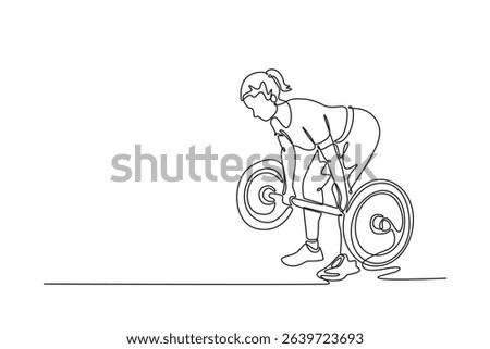 Single continuous line drawing attractive female weightlifter doing deadlift barbell at a gym. Fitness, strength, training, workout, vitality, performance. One line graphic design vector illustration