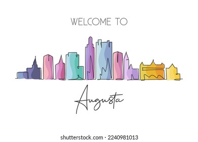 Single continuous line drawing of Augusta city skyline, Georgia. Famous city scraper landscape. World travel home wall decor art poster print concept. Modern one line draw design vector illustration