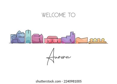 Single continuous line drawing of Aurora city skyline, Colorado. Famous city scraper landscape. World travel home wall decor art poster print concept. Modern one line draw design vector illustration