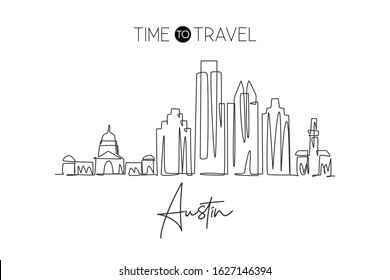 Single continuous line drawing of Austin city skyline, USA. Famous city scraper and landscape. World travel concept home decor wall art poster print. Modern one line draw design vector illustration