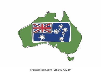 Una sola línea continua dibujando la bandera australiana en el medio del mapa del continente australiano. Celebración anual. Festival festivo. El esplendor. Día de Australia. Ilustración vectorial de diseño de una línea