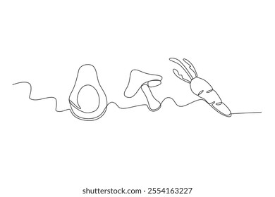 Single continuous line drawing of Avocado, guava and apple. Dynamic single line draw design graphic vector illustration.
