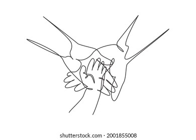 Single continuous line drawing baby hand. Closeup of baby hand into parents hands. Family concept. Tiny Newborn Baby's and parent hands. Dynamic one line draw graphic design vector illustration