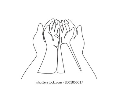 Single continuous line drawing baby hand. Close up of baby hands into mother hands. Tiny Newborn Baby's and female hands. Mom and her child. Dynamic one line draw graphic design vector illustration