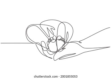 Single continuous line drawing Baby feet in mother hands. Tiny Newborn Baby's feet on female hands. Mom and her Child. Happy Family concept. Beautiful image of maternity. Dynamic one line draw graphic