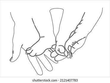 Single continuous line drawing Baby feet in mother hands. Tiny Newborn Baby's feet on female hands. Mom and her Child. Happy Family concept. Beautiful image of maternity. Dynamic one line draw graphic