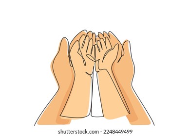 Single continuous line drawing baby hand. Close up of baby hands into mother hands. Tiny Newborn Baby's and female hands. Mom and her child. Dynamic one line draw graphic design vector illustration