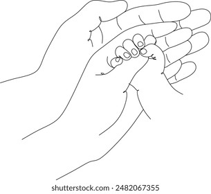 Single continuous line drawing baby hand. Closeup of baby hand into parents hands. Family concept. Tiny Newborn Baby's and parent hands. Without artificial intelligence