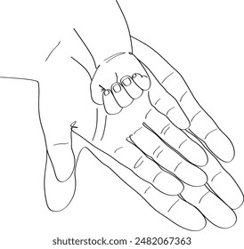 Single continuous line drawing baby hand. Closeup of baby hand into parents hands. Family concept. Tiny Newborn Baby's and parent hands. Without artificial intelligence