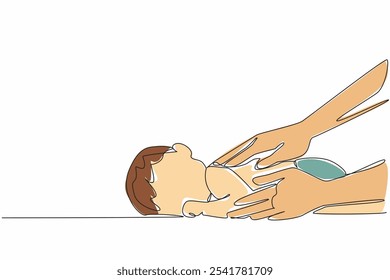 Línea continua única que dibuja al bebé recibiendo su espalda masajeada. Da el toque más suave. Comodidad para el crecimiento y el desarrollo. Duerme muy bien. Día de masaje para bebés. Ilustración vectorial de diseño de una línea