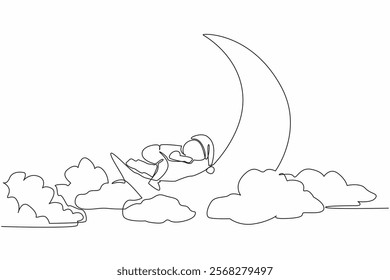 Single continuous line drawing baby sleeping face down on a crescent moon. Studio photo for happy memories. Events to remember easily. Adorable pose. Baby Day. One line design vector illustration